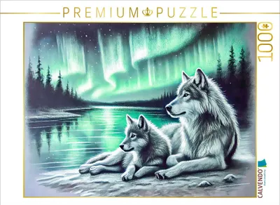 Produktbild von CALVENDO Puzzle Zwei Wölfe am Seeufer Kohlezeichnungen mit Nordlichtern in sanften Pastelltönen | 1000 Teile Lege-Größe 64x48cm Foto-Puzzle für glückliche Stunden