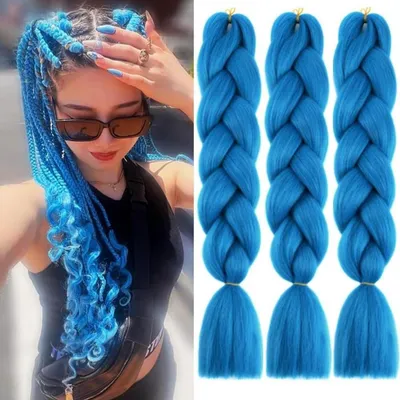 Productafbeelding van Haarverlengingen van synthetisch haar, geschikt voor het vlechten, voorgespannen vlechtstukken, cyaanblauw, 3 stuks, 60 cm