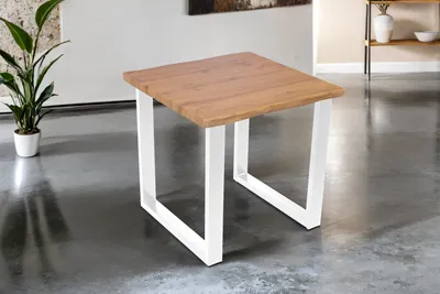 Produktbild von Esstisch 80x80 cm Baumkante Holz Wildeiche-Optik U-Gestell Metall weiß JOSY