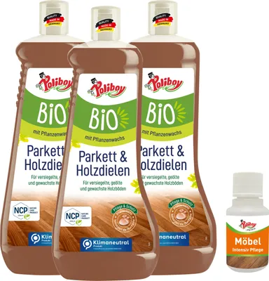 Produktbild von Poliboy Parkett & Holzdielen Pflege 3x1L mit Möbel Probe - Reinigung und Pflege für Holzböden - Vegan - 9A4901