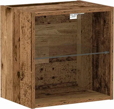 A single floating shelf unit with a wood-like finish and a glass shelf inside.