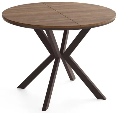 Produktbild von Runder Ausziehtisch Esstisch Ausziehbar mit Braunem Metallgestell – Valio, 100 cm Rund auf 140 cm Erweiterbar – Industrial-Loft-Design, Braune Metallbeine, Nussbaum Braun,  EU
