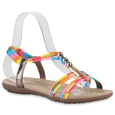 Produktbild von VAN HILL Damen Sandalen Riemchensandalen Strass Zierperlen Schuhe 840112, Farbe: Rosa Blau Gelb Metallic, Größe: 38