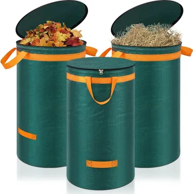 Immagine prodotto di 3 sacchi per rifiuti da giardino, 120 litri, sacchi per foglie, sacchi da giardino con coperchio e manici, grandi e robusti sacchi da giardino, raccoglitore di foglie, sacchi per rifiuti autoportanti, robusti sacchi verdi per erba e foglie