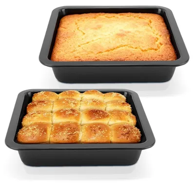 Productafbeelding van 2 stuks bakvorm, antiaanbaklaag, cakeblik, 22,5 x 22,5 x 4,6 cm, vierkant, zwart, koolstofstaal