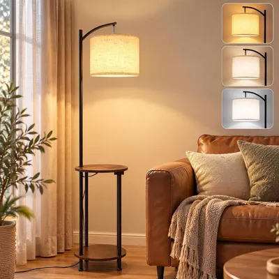 Produktbild von ZMH Stehlampe Wohnzimmer mit Regal Stehleuchte Stoff E27 Dimmbar Standleuchte LED Standlampe Bogenlampe 9W Leuchtmittel Leselampe für Schlafzimmer