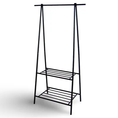 Produktbild von Kleiderständer 85x42x158cm Metall mit 2 Ablagen schwarz Garderobe Kleiderstange Kleiderbutler Jackenständer Handtuchhalter Badezimmerregal