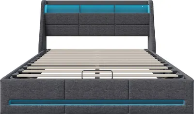 Produktbild von Bett (140 x 190 cm) mit Lattenrost, LED-Beleuchtung und USB-Anschluss, Stauraumbett mit Kopfteil, Grau