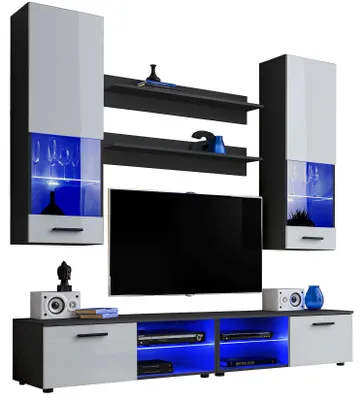 Obrázek produktu pro Extreme Furniture Vida | Nábytek Do Obývacího Pokoje Se 2 Tv Skříňkami, 2 Vitrínami A 2 Policemi Černý Korpus A Bílé Přední Strany