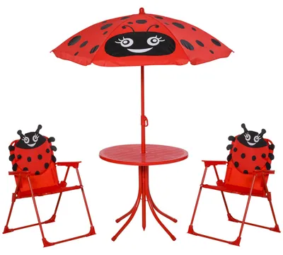 Immagine prodotto di Set Tavolino e 2 Sedie Pieghevoli da Giardino per Bambini con Ombrello Rosso Coccinella