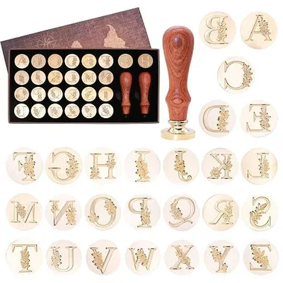 Imagen del producto de Sello para cera con motivos botánicos de hojas, con letras del alfabeto A a Z