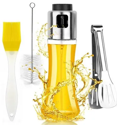 Produktbild von Grill- und Salat-Olivenöl-Sprayflasche mit Grillzange und Kochschaufel für Grillen, Salate, Pasta und Picknicks.