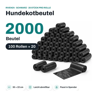 Produktbild von RIVEN24 Hundekotbeutel schwarz, 2000 Beutel (100 Rollen × 20), 30 × 22 cm, Kotbeutel für Spender