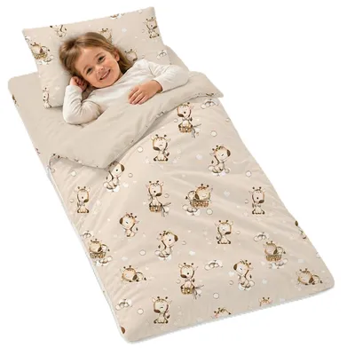 Obrázok produktu pre Detský spací vak 75x140 cm, žirafy, zips, s vankúšom, do škôlky