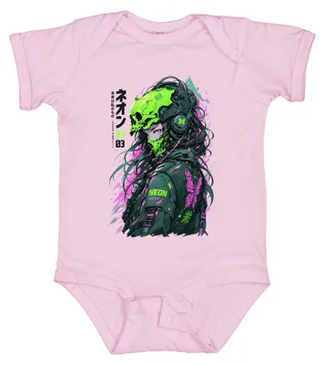 Image de Body pour bébé, style cyberpunk, avec motifs néon, crâne, papillon, inspiré du style japonais Y2K et de la mode techwear, couleur rose, taille 3/6 mois