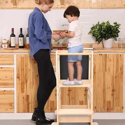 Produktbild von Lernturm mit abnehmbarem Kreidetafel und 3 verstellbaren Höhen - Küchenhilfe für Kinder