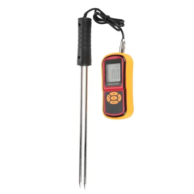A digital grain moisture meter with a probe and a handheld display unit, shown against a white background.