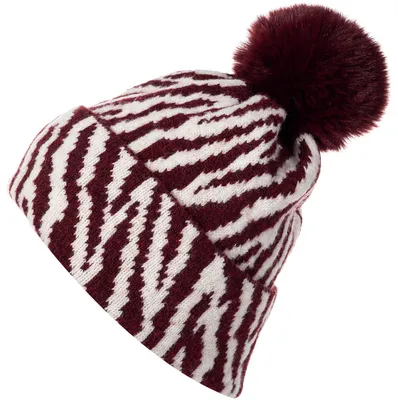 Produktbild von styleBREAKER Damen Bommelmütze Strick mit Zebra Muster | warme Strickmütze mit Kunstfell Pompon | elastische Winter Beanie Pudelmütze Viskose
