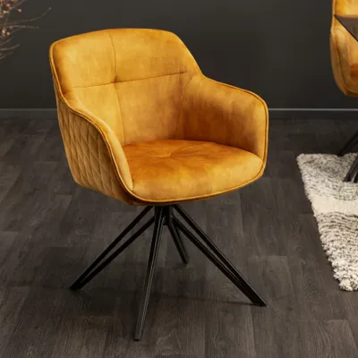 Produktbild von riess-ambiente Drehbarer Design Stuhl EUPHORIA senfgelb Samt im Retrostil mit Ziersteppung Esszimmerstuhl Armlehnstuhl Drehstuhl