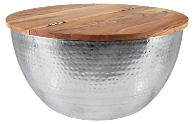Immagine prodotto di riess-ambiente Tavolino rotondo ORIENT STORAGE 60cm in legno d'acacia argentato con contenitore Tavolino Hammerschlag Tavolo