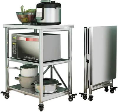 Immagine prodotto di Carrello portamerce in acciaio inossidabile, con 3 ripiani, carrello pieghevole, scaffale trasportabile, carrello per la cucina, carrello con ruote, carrello multifunzionale per il settore della ristorazione