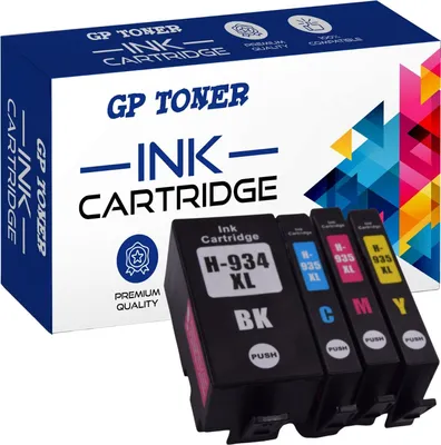 A box of GP Toner ink cartridges with a set of four ink cartridges in front of it.