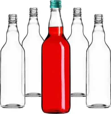 Five glass bottles are arranged on a white background. One bottle in the center is filled with red liquid and has a green cap. The other four bottles are empty and clear.