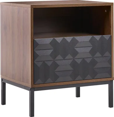 Produktbild von BELIANI Nachttisch Dunkelbraun MDF Metallbeine Ablagefläche mit Schublade geometrisches Muster Schlafzimmer Nachttisch