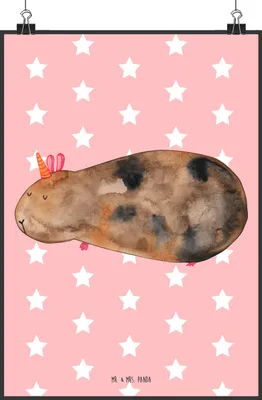 Produktbild von Mr. & Mrs. Panda Bild Einhorn Meerschweinchen DIN A2 - Rot Pastell - Geschenk, Einhörner, Unicorn, wanddeko, Meerschwein, Meerhörnchen, Wandbild, drucke, Kunstdruck