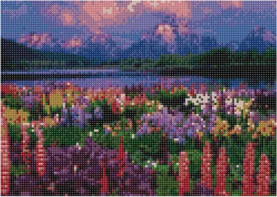 Produktbild von Diamantmosaik, Stickerei 30x40 Berglandschaft, Fluss und Blumenwiese Flamingolinie