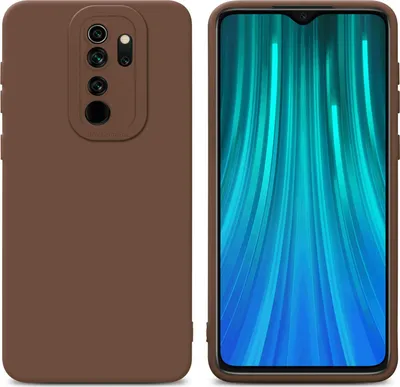 A brown phone case is shown next to a smartphone with a blue and green abstract wallpaper.