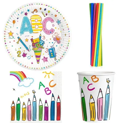 Produktbild von Party Deko Set Einschulung Einweggeschirr Schulanfang Partyset Dekoration Schule bunt Teller Becher Servietten 76 tlg.