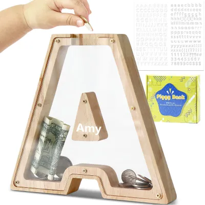 Spaarpot für Kinder, Holz, transparent, personalisierbar, 26 Buchstaben