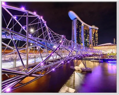 Produktbild von Wallario Wandbild Helix-Brücke in Singapur bei Nacht, Größe: 40,30 x 50,30 cm, Poster mit weißem Aluminiumrahmen