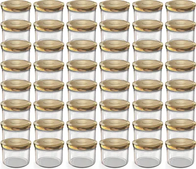 A grid of empty glass jars with gold lids.