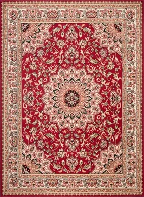 A top-down view of a red oriental rug with intricate patterns.