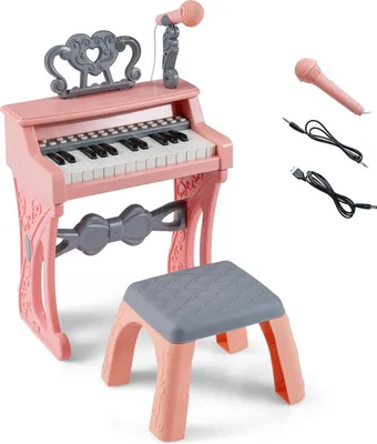 Produktbild von Pinkes Kinderkeyboard mit 25 Tasten, Hocker und Mikrofon