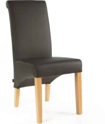 A single dark brown leather dining chair with light wood legs, shown against a white background.