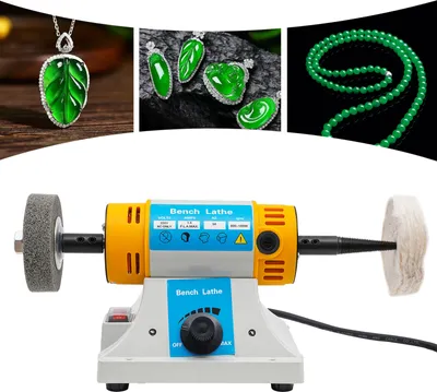A collage showing jade jewelry and a bench lathe polishing machine.