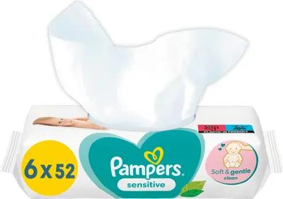 A pack of Pampers Sensitive baby wipes with the top flap open.