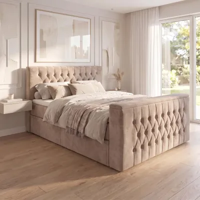 Produktbild von ELVORA DESIGNE Boxspringbett 180x200 cm HORIZON mit Bonellmatratze H3 & Topper, 2 Schubladen, Hellbraun