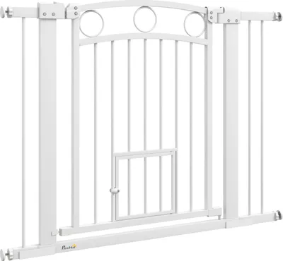 Produktbild von Türschutzgitter, 76-104 cm Treppengitter, Treppenschutzgitter ohne bohren, Treppenschutz mit Katzentür, schließbar Schutzgitter, für mittelgroße Hunde, Stahl, Weiß