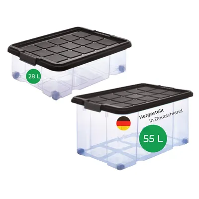 Produktbild von Novaliv 2 tlg Sparset Aufbewahrungsbox mit Deckel Anthrazit 1x 55 L + 1x 28 L Nestbar stapelbar Clipverschluss Rollboxen BPA-frei