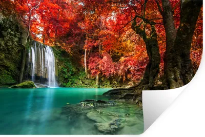 Produktbild von MuchoWow® Wandtattoo Wandsticker Wandaufkleber Wasserfall - Baum - Rot - Herbst - Wasser 90x60 cm Selbstklebend und Repositionierbar - Aufkleber