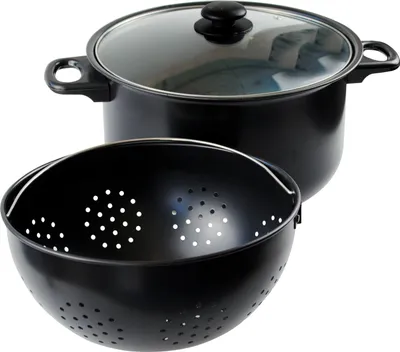 A black pot with a glass lid and a black colander in front of it, isolated on a white background.