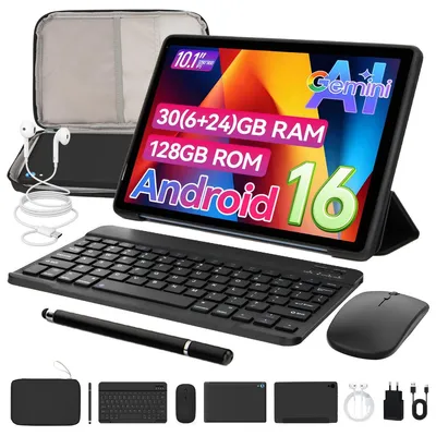 Produktbild von JENBIZZ Tablet 10'', 2-in-1 mit Tastatur, Hülle und Tasche schwarz, 128 GB, 30 GB RAM, 6000mAh, Android 16, Widevine L1, WiFi 6