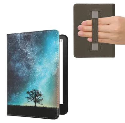 Produktbild von kwmobile Schutzhülle für Amazon Kindle Paperwhite (2024)/Colorsoft Hülle - eReader Flip Case mit Handschlaufe und Auto Sleep Funktion - Galaxie Baum
