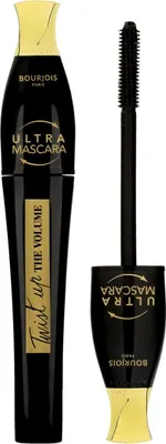 A black and gold mascara tube and wand are displayed against a white background.