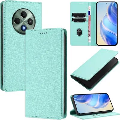 Produktbild von Litchi Leder Handyhülle für Oppo Reno12F 5G/Reno12F 4G Wallet Kartenfächer Standfunktion Hülle Türkis