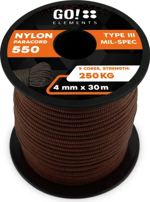 Produktbild von GO!elements 30m Paracord Seil aus reißfester Nylonschnur - 4mm Paracord 550 Typ III Schnur - geeignet als Allzweckseil & Reepschnur - Max. 250kg, Farbe: Braun